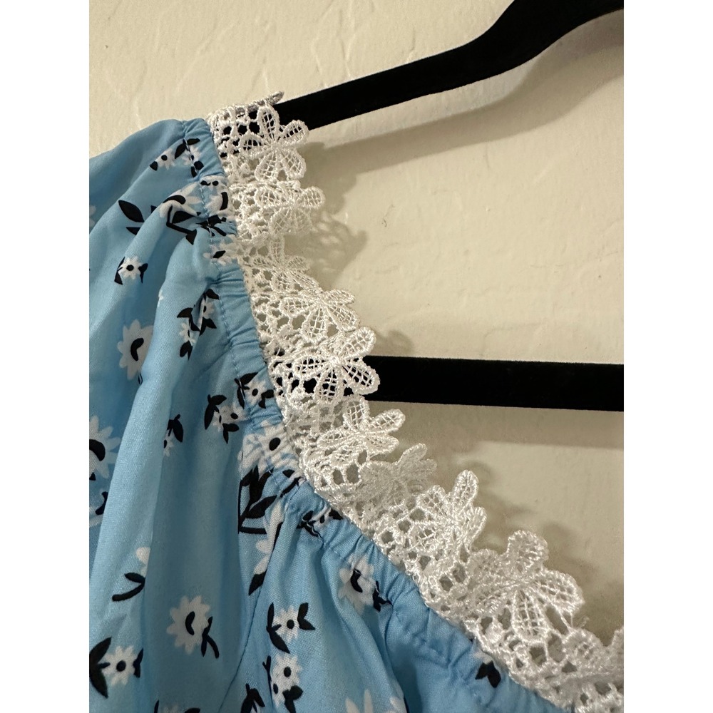 Shein Curve 3XL Blue Floral Lace Trim Mini Dress Long Sleeve Cottagecore Boho - Picture 9 of 15